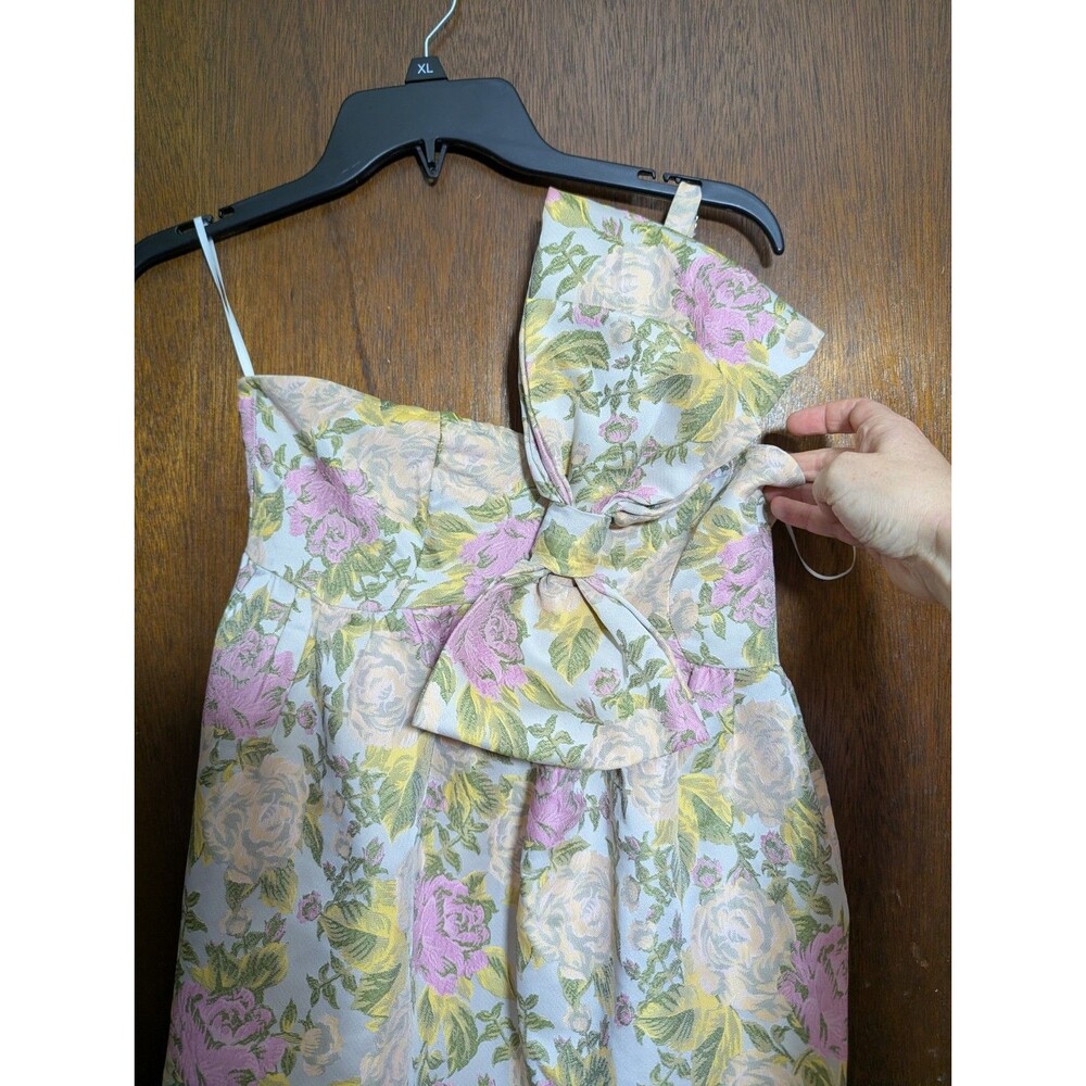 Petal + Pup Floral Brocade Maxi Dress S Small Pink Yellow Bow One Shoulder Pocke - Picture 2 of 9